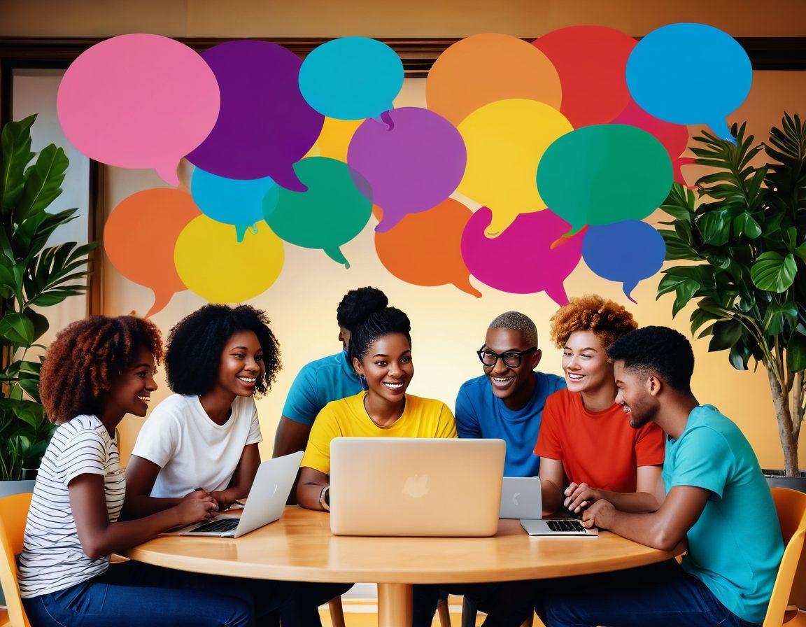 A vibrant digital scene depicting a diverse group of people engaging in a lively discussion around a laptop, with colorful speech bubbles representing ideas flowing. Surround the central group with elements symbolizing community, such as interconnected hands and heart icons. Set in a cozy café-like space with warm light and plants. super-realistic. vibrant colors. soft background.