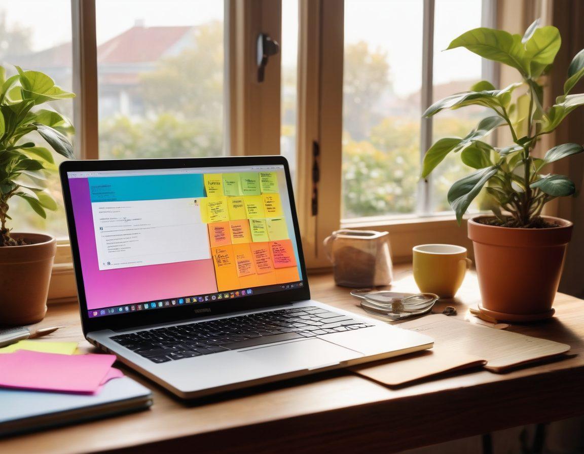 An open laptop on a cozy wooden desk, surrounded by colorful sticky notes filled with personal reflections, a steaming cup of coffee, and a potted plant. The screen displays a vibrant online journal filled with engaging discussions and musings. The warm sunlight filters through a nearby window, creating an inviting and creative atmosphere. super-realistic. vibrant colors. warm tones.