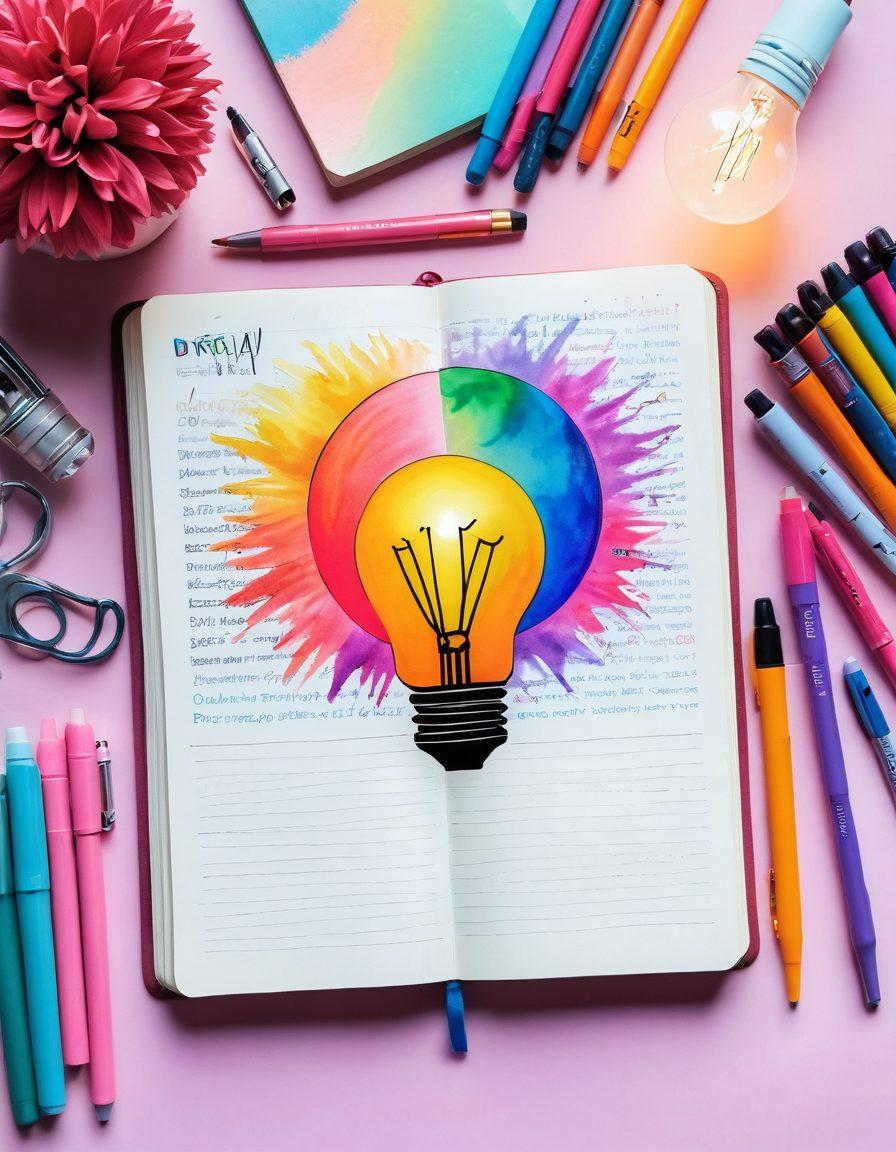 A colorful open journal with vibrant pages, surrounded by artistic writing tools like pens and brushes, symbolizing creativity. In the background, a glowing light bulb representing ideas shines brightly, while a digital globe signifies the online world. Soft pastel colors create a warm, inviting atmosphere that encourages engagement. super-realistic. vibrant colors. white background.